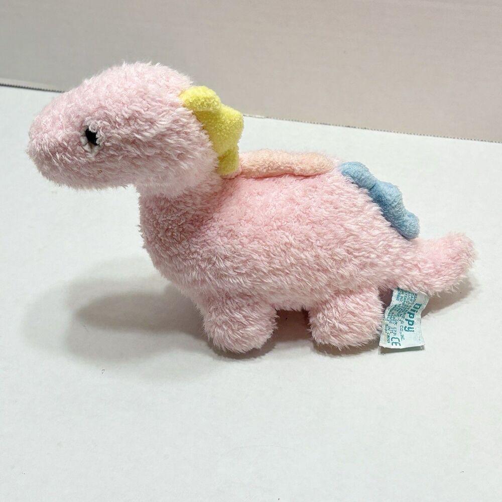 Vintage Russ Berrie DIPPY Pink Dinosaur Plush Baby Rattle Soft Toy 5053